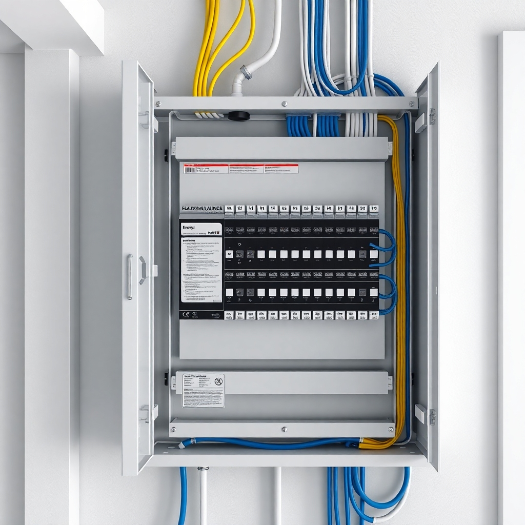 A photorealistic image showcasing a newly installed electrical panel in a modern residential building. The panel is neatly organized and labeled, with all wiring properly secured. The lighting is bright and clean, highlighting the quality of the installation. The color palette is primarily gray and white, with accents of blue and yellow for wiring. The camera angle is a close-up shot, focusing on the panel and its components. Details include the labels, the wiring connections, and the overall sense of order and precision. Style references: architectural photography, technical documentation. Technical specs: 4K resolution, realistic rendering.