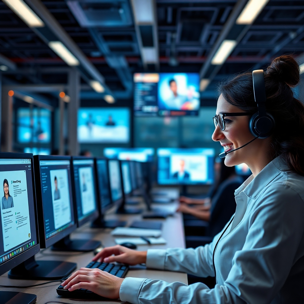 A photorealistic image showing a busy customer service center with multiple computer screens displaying chatbot interfaces, depicting customer queries being handled efficiently. The atmosphere should be dynamic and modern, with a customer service representative smiling and interacting seamlessly with the chatbot.