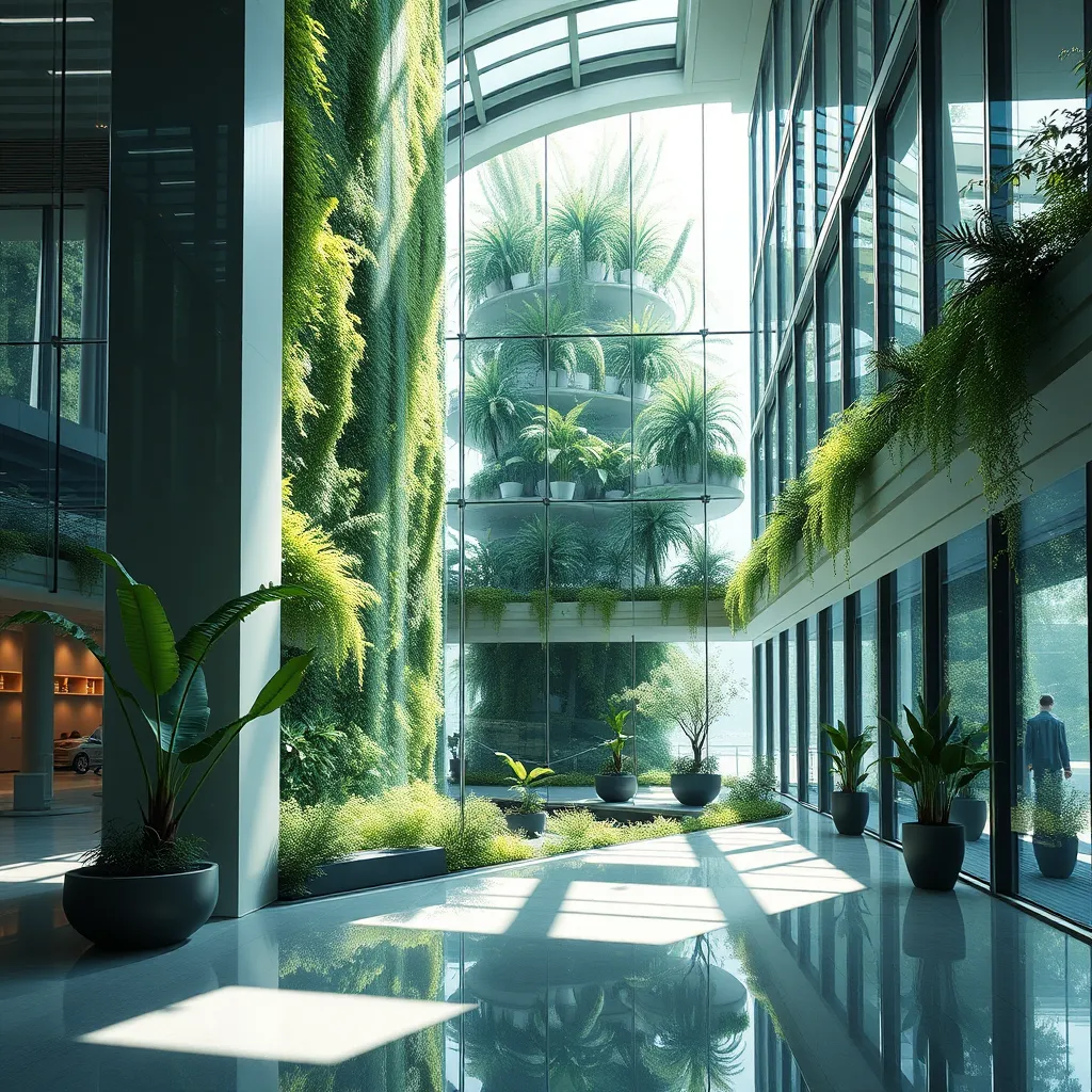 A photorealistic interior space showcasing futuristic architecture, with large glass walls revealing a lush vertical garden integrated into the design, biophilic elements like indoor trees and plants, and natural light flooding the space to create a serene atmosphere.
