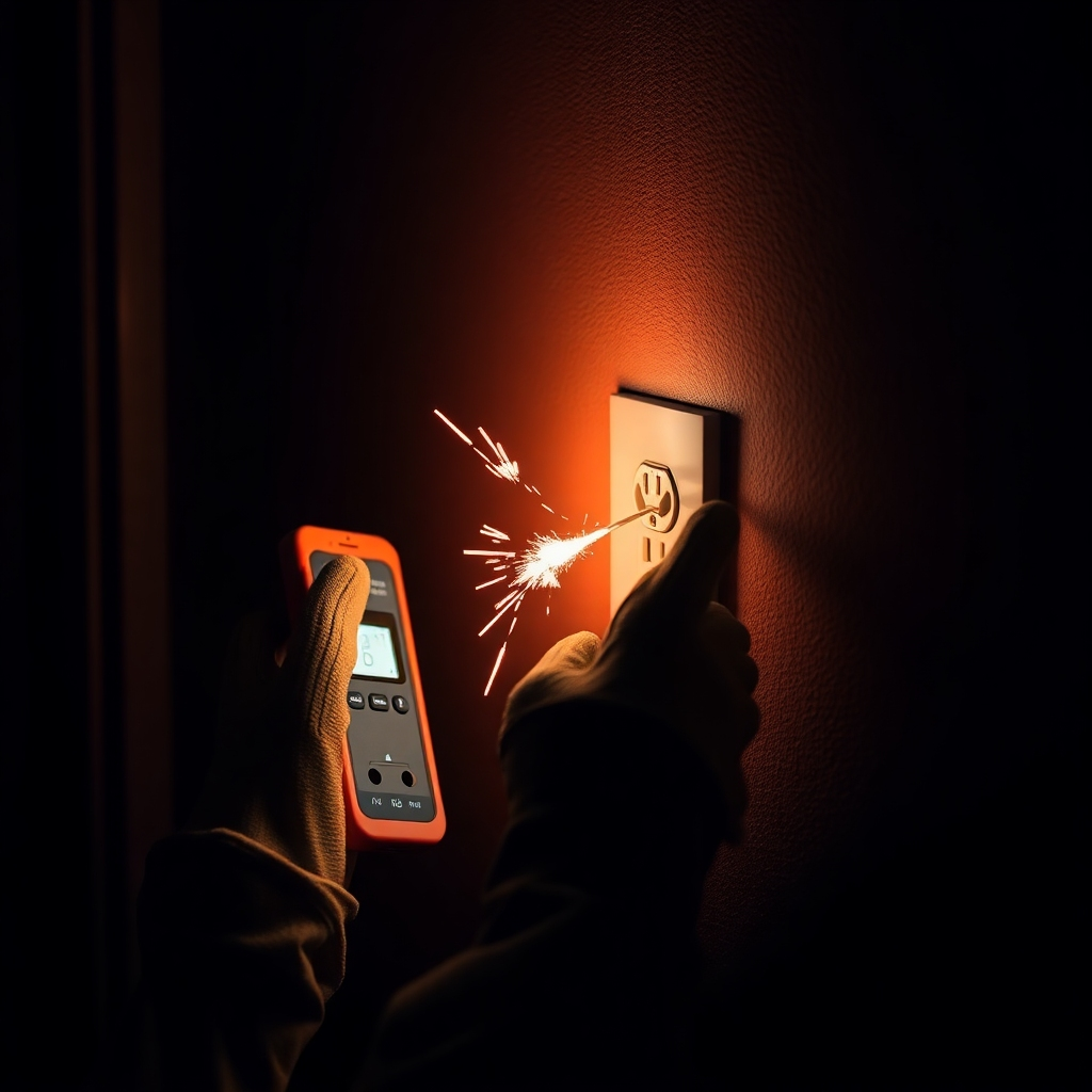 A realistic image featuring an electrician troubleshooting a faulty electrical outlet in a dimly lit room. The electrician is using a voltage tester while wearing safety gloves. Sparks can be subtly implied to showcase the electrical fault. The lighting is focused on the outlet with shadows emphasizing the potential danger. Use a close-up shot from a slightly elevated angle. Color scheme should include the warmth of interior lighting contrasting with the stark danger of electricity. Technical specifications: 4K resolution, hyperrealistic with emphasis on texture and lighting.