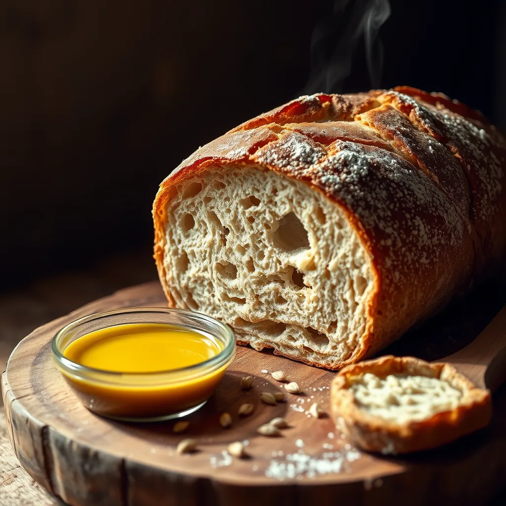A rustic loaf of artisan bread, freshly baked and placed on a rustic wooden cutting board. The bread has a beautifully crusty exterior, showcasing a golden-brown crust with flour dusting. Soft dramatic side lighting casts shadows, emphasizing the texture of the crust and the delicate steam rising from the freshly cut loaf. Surrounding the bread are a few scattered grains of wheat and a small bowl of olive oil for dipping, adding an earthy, organic touch. The color palette features warm earth tones and soft whites, creating a comforting atmosphere. The camera perspective is at eye level, inviting the viewer to engage with the bread as if they are about to enjoy it. The shot captures the intricate crumb structure within the loaf, highlighting its airy texture. Inspired by the style of classic European bakery photography, this image should be ultra-detailed, in 8K resolution, bringing out the essence of artisanal baking.