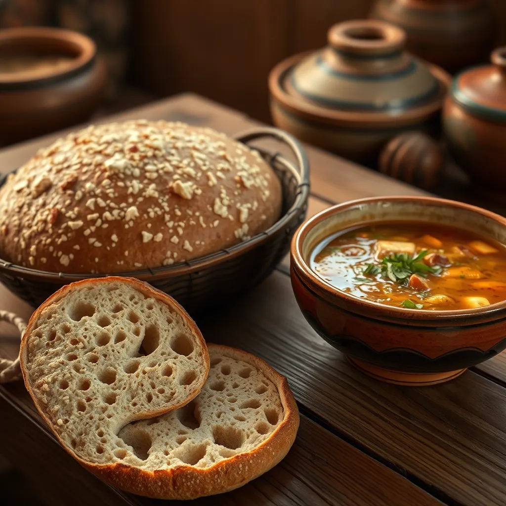 A rustic wooden table displaying freshly baked traditional Maghrebi bread, khobz, next to a steaming bowl of hearty soup. The setting is cozy and home-like, capturing the essence of family gatherings and traditional meals.