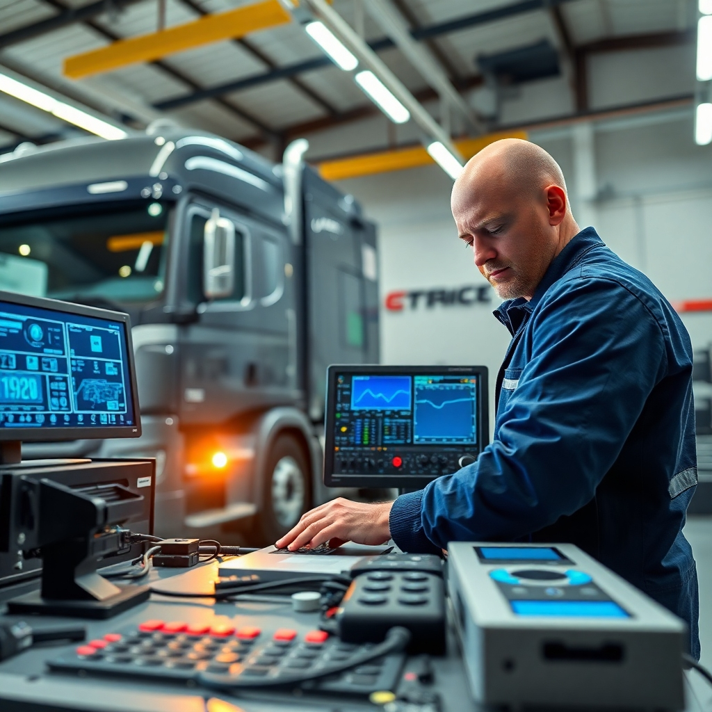 A skilled technician working on the electronic modules of a truck in a well-equipped garage, showing advanced diagnostic tools and computer screens, with a truck and trailer in the background. The environment is professional, bright, and focused on high-tech electronics.