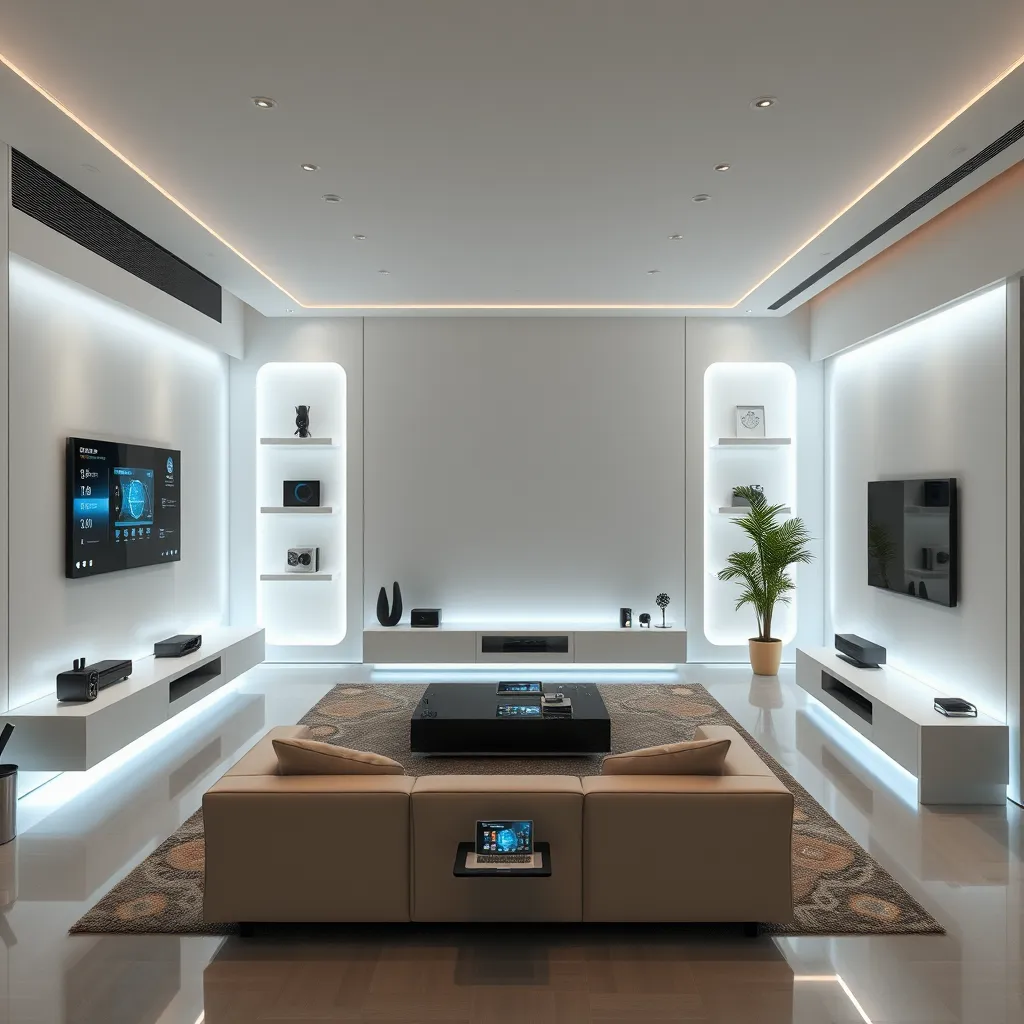 A sleek, modern living room filled with cutting-edge smart technology, featuring voice-activated controls, interactive wall displays, furniture with built-in tech, and a futuristic minimalist aesthetic, illuminated with ambient lighting reflecting advanced gadgetry.