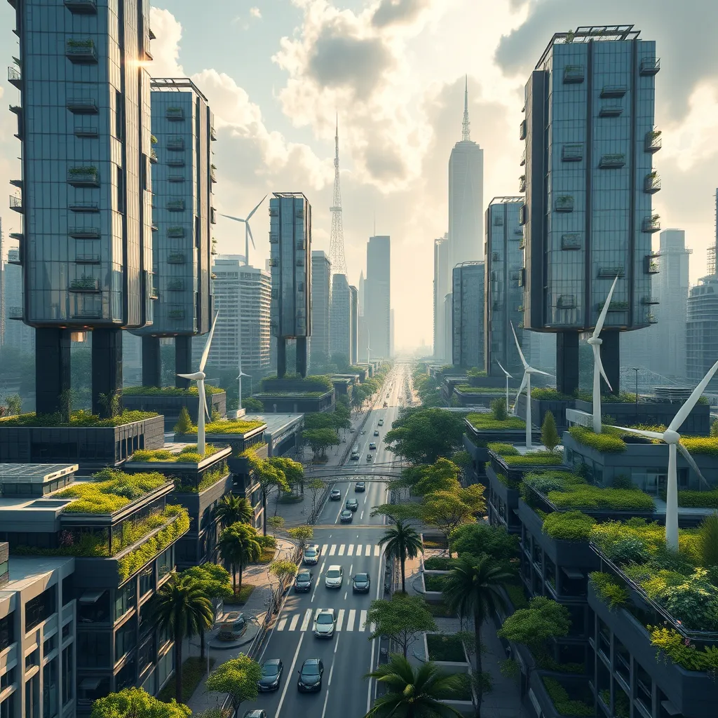 A stunning futuristic cityscape showcasing eco-friendly skyscrapers made from glass and greenery, integrated solar panels, and wind turbines. The streets are lined with electric vehicles, and gardens thrive on rooftops, illustrating the perfect blend of beauty and sustainability.