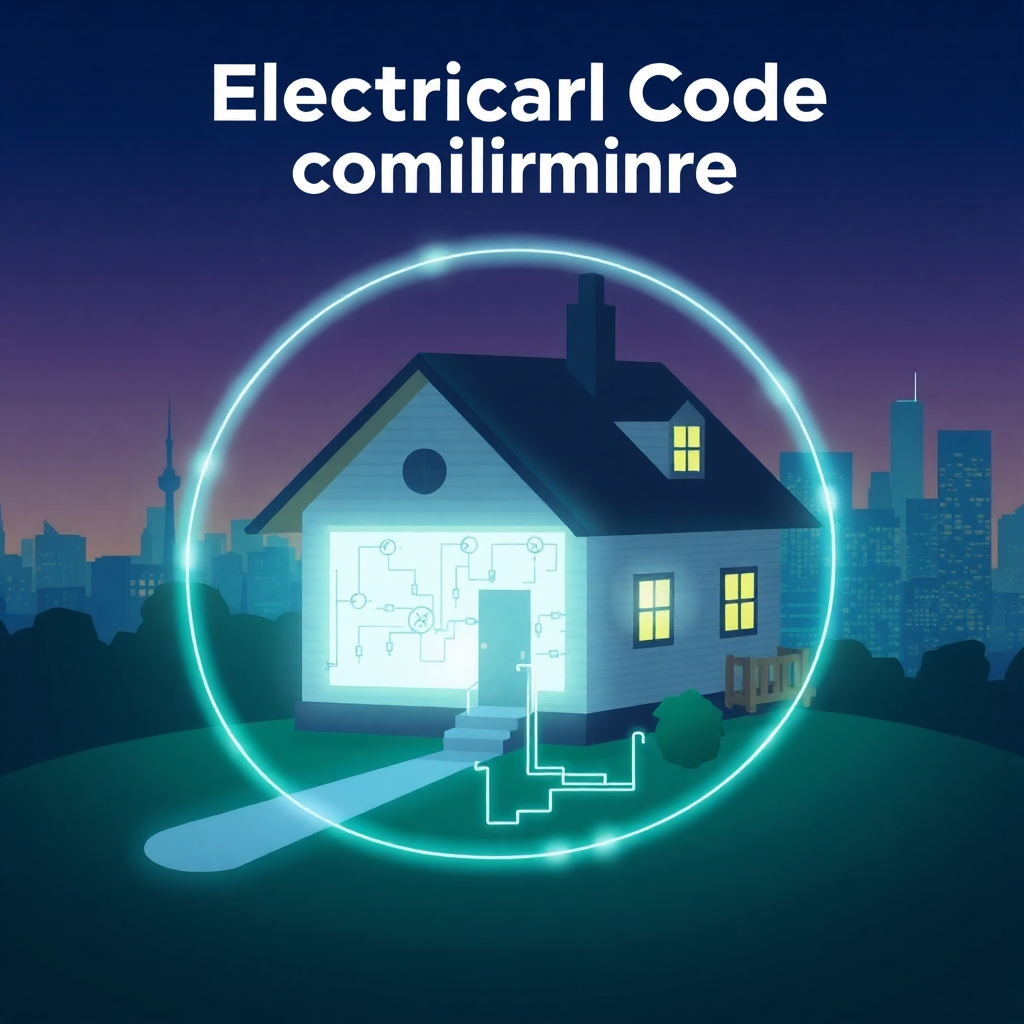 A stylized image illustrating electrical code compliance. A house is enveloped in a protective energy field that highlights circuit diagrams. The energy field has a subtle glow and represents safety. The background shows the Montreal skyline at twilight. The overall image needs to convey a sense of security and adherence to safety standards. Style should be a blend of realistic and graphic design elements. Color scheme includes deep blues, greens and whites. Technical specifications: 4K resolution, high quality vector-based rendering.