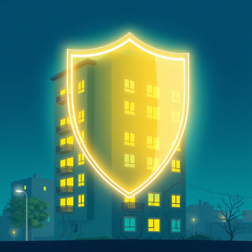 A stylized image representing the concept of electrical safety and compliance. The composition features a glowing shield protecting a residential building from electrical hazards. The shield is made of intertwined wires and circuits, radiating a soft, warm light. The color palette is primarily blue and green, with accents of yellow and red for safety warnings. The camera angle is a wide shot, capturing the entire building and the protective shield. Details include the illuminated windows of the building, the intricate circuits, and the overall sense of security and compliance. Style references: graphic design, safety signage. Technical specs: 4K resolution, high quality, vector-based rendering.