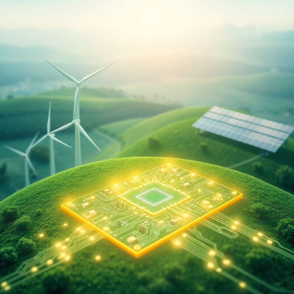A stylized image showcasing the innovative solutions offered by MTL Eclect, focusing on energy efficiency and sustainability. The composition features a glowing circuit board superimposed on a green landscape, with wind turbines and solar panels in the background. The lighting is soft and diffused, creating a sense of harmony and environmental consciousness. The color palette is primarily green and blue, with accents of white and yellow for highlights. The camera angle is a high shot, capturing the entire landscape and the interconnectedness of the electrical system. Details include the intricate circuits, the rotating turbines, and the sunlit solar panels. Style references: environmental art, digital illustration. Technical specs: 4K resolution, high quality, vector-based rendering.
