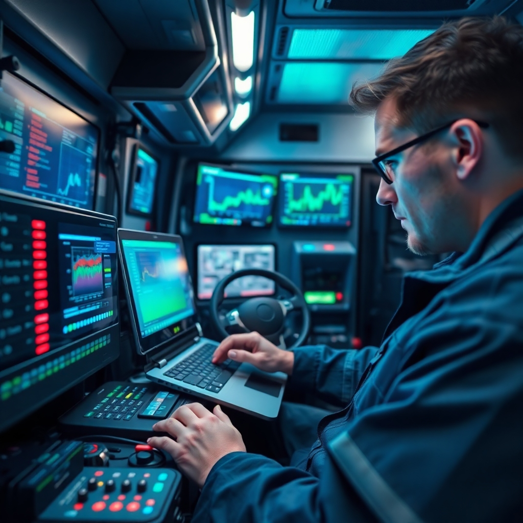 A technician analyzing a truck's electronic module inside a modern mobile diagnostics unit, bathed in cool ambient lighting. The image focuses on the technician using a laptop while connected to the truck's system, displaying screens of data in bright colors. The environment is clean and organized, featuring electronic tools and diagnostic equipment neatly arranged. The color palette consists of dark blues and greens, giving a tech-savvy feel. Shot from the side, the angle highlights the interaction between the technician and the equipment, emphasizing precision. Textures of high-tech gadgets and fabrics are showcased. Background details include digital screens with graphs and information, reflecting an advanced service setting. Created in 8K resolution, hyper-detailed, highlighting the modernity of the service.