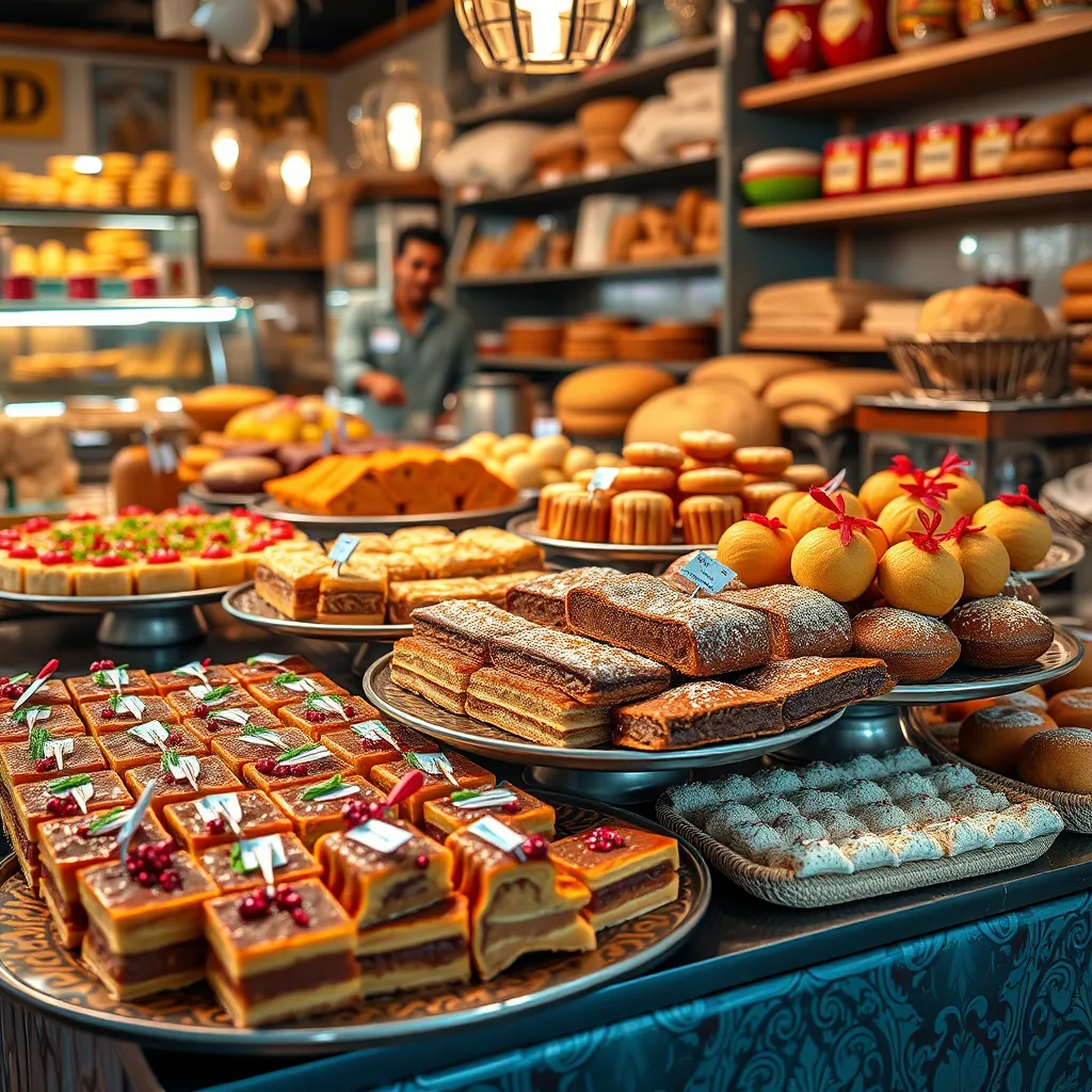 A vibrant bakery display featuring an array of traditional Algerian and Moroccan pastries such as Baklava, Makrout, and M'hanncha, beautifully arranged on decorative trays. The setting captures a warm and inviting bakery atmosphere filled with colorful sweets and fragrant bread.