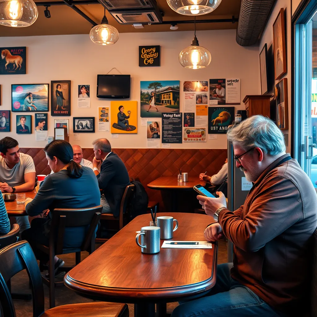 A vibrant cafe with patrons enjoying their time, while the owner actively engages with customers on social media using a smartphone. The cafe has a welcoming atmosphere, decorated with local art, and posts related to the business on the wall.