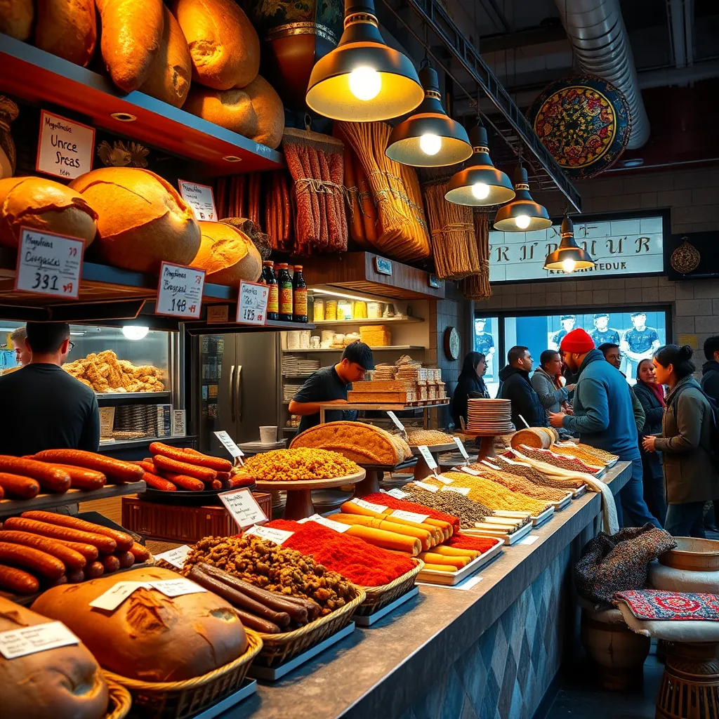 A vibrant scene of a Maghrebi bakery in Montreal showcasing freshly baked bread, spicy merguez sausages, and traditional Algerian méchoui on display. The bakery is bustling with customers, rich textures of bread and colorful spices creating an appetizing atmosphere.