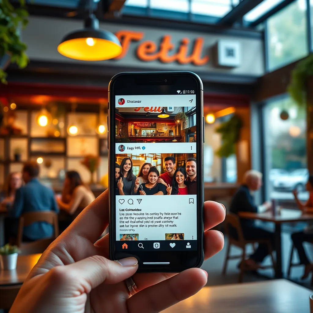 A vibrant social media post composition displayed on a smartphone, showcasing likes, comments, and shares. The background features a bustling local café with customers enjoying themselves, reflecting a strong community engagement through social media.