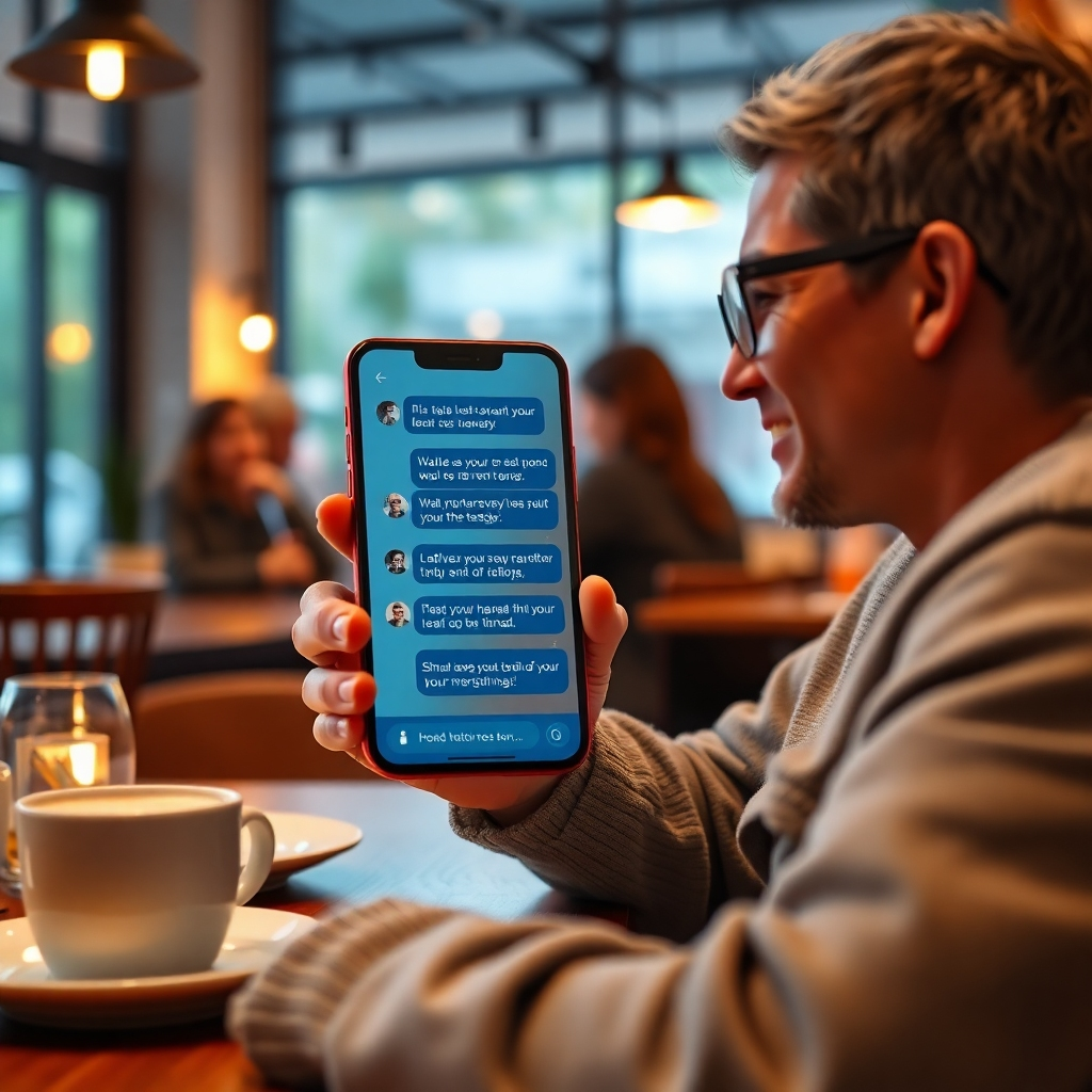 A warm and inviting scene showcasing a chatbot interface on a smartphone, with personalized messages tailored to an individual's preferences appearing on the screen. Include elements like a cozy coffee shop environment where a satisfied customer interacts with their phone, illustrating the personalized experience.