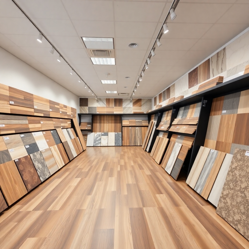 A well-organized showroom featuring a diverse range of flooring and tiling options. The focus is on showcasing the variety of materials and colors available to customers. The lighting should be bright and even, highlighting the texture of the materials. Color palette: A wide range of colors and patterns, reflecting the diversity of the materials. Camera angle: Wide shot, capturing the entire showroom. Style: Commercial, emphasizing the quality and selection of the materials. Technical specs: 4K resolution, high quality.