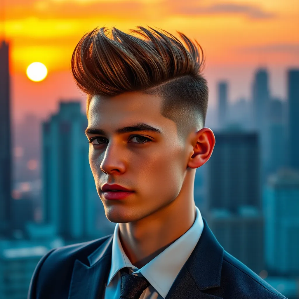 A young man with a modern pompadour hairstyle. The hair is styled with a lot of volume on top, swept back and textured, with a smooth fade on the sides. The man is wearing a stylish suit and has a confident, charismatic expression. The background is a vibrant cityscape at sunset.
