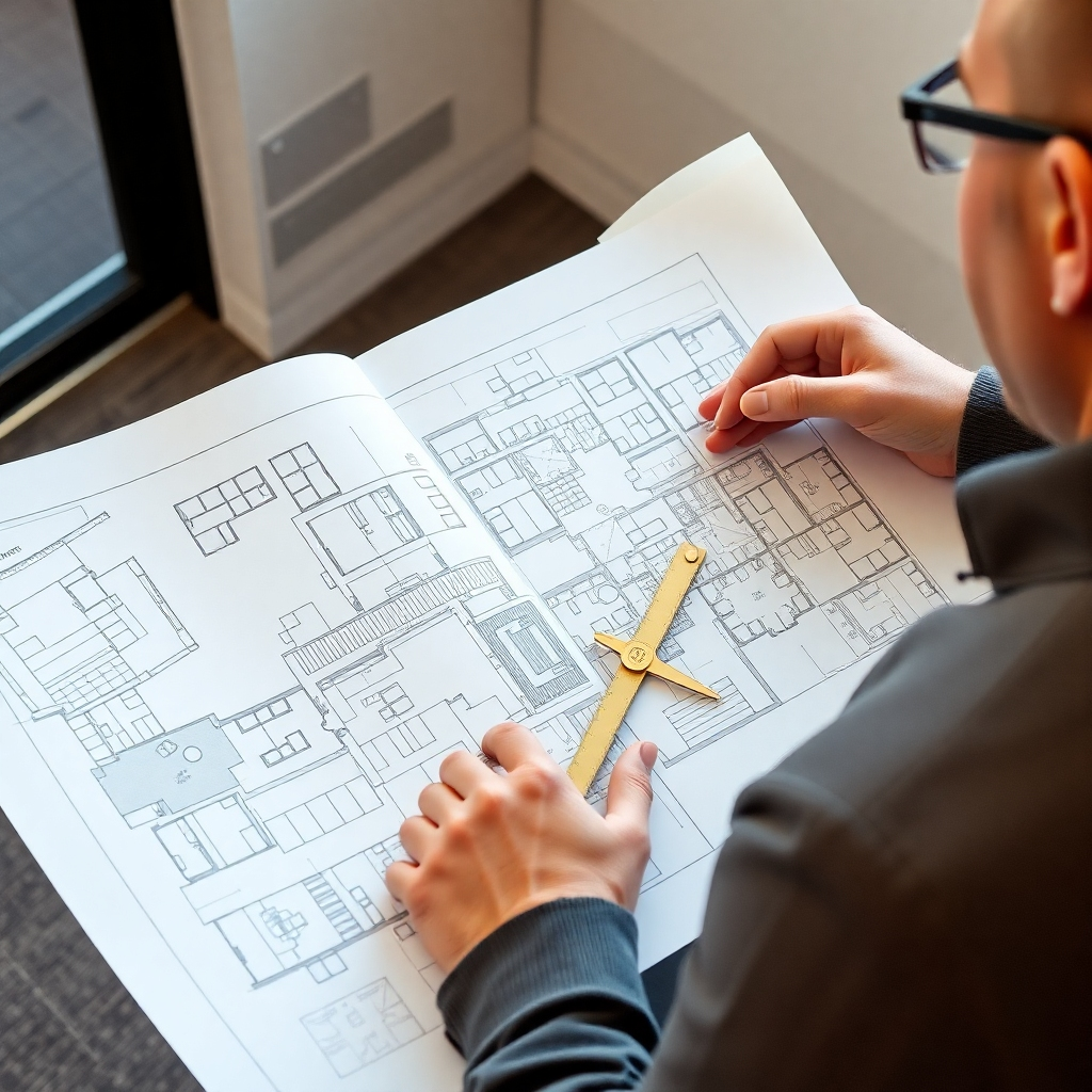 An architect meticulously reviewing detailed blueprints for a renovation project. The architect is using tools like a ruler, compass, and protractor to assess the architectural plans. The setting takes place in an office environment during daytime. Color palette: Blueprints are monochromatic (shades of blue and white), while the architect wears business casual attire. Camera Angle: 45 degree angle to provide a top-down-side view. Style reference is 'Architectural Digest', emphasizing a clean, professional, and detailed atmosphere. Resolution is 4k, ensuring all minor features are captured.