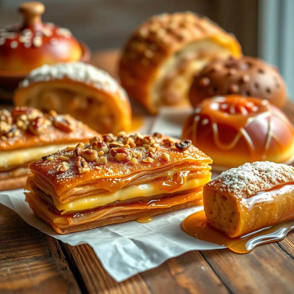 An artistic display of Maghreb pastries, focusing on vibrant colors and textures. Include close-ups of baklawa layered with nuts and honey, and msemen served with a side of honey. Use a rustic wooden table and natural light for presentation.