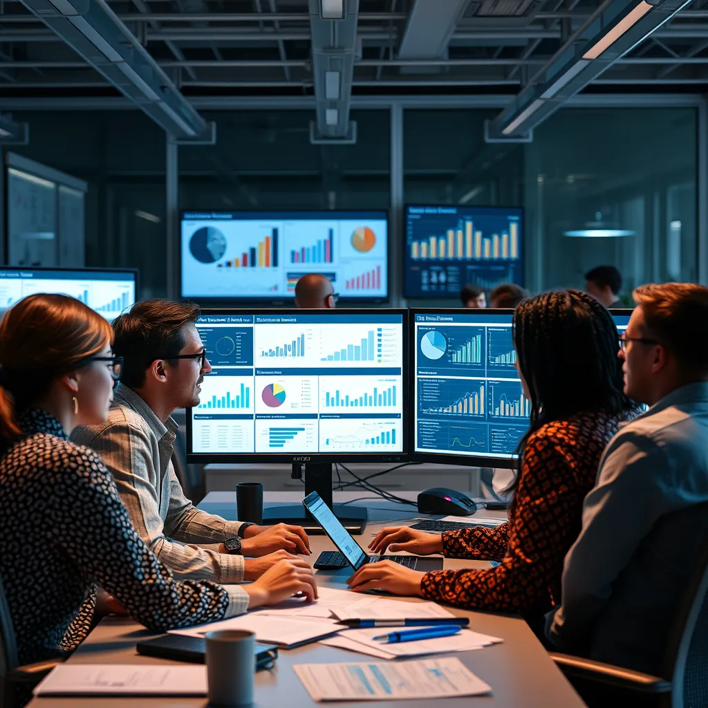 An engaging workspace scene featuring a diverse team analyzing data and customer profiles on computer screens, surrounded by charts and graphs. The atmosphere should be collaborative, with focus on understanding the target audience, in a modern office setting.