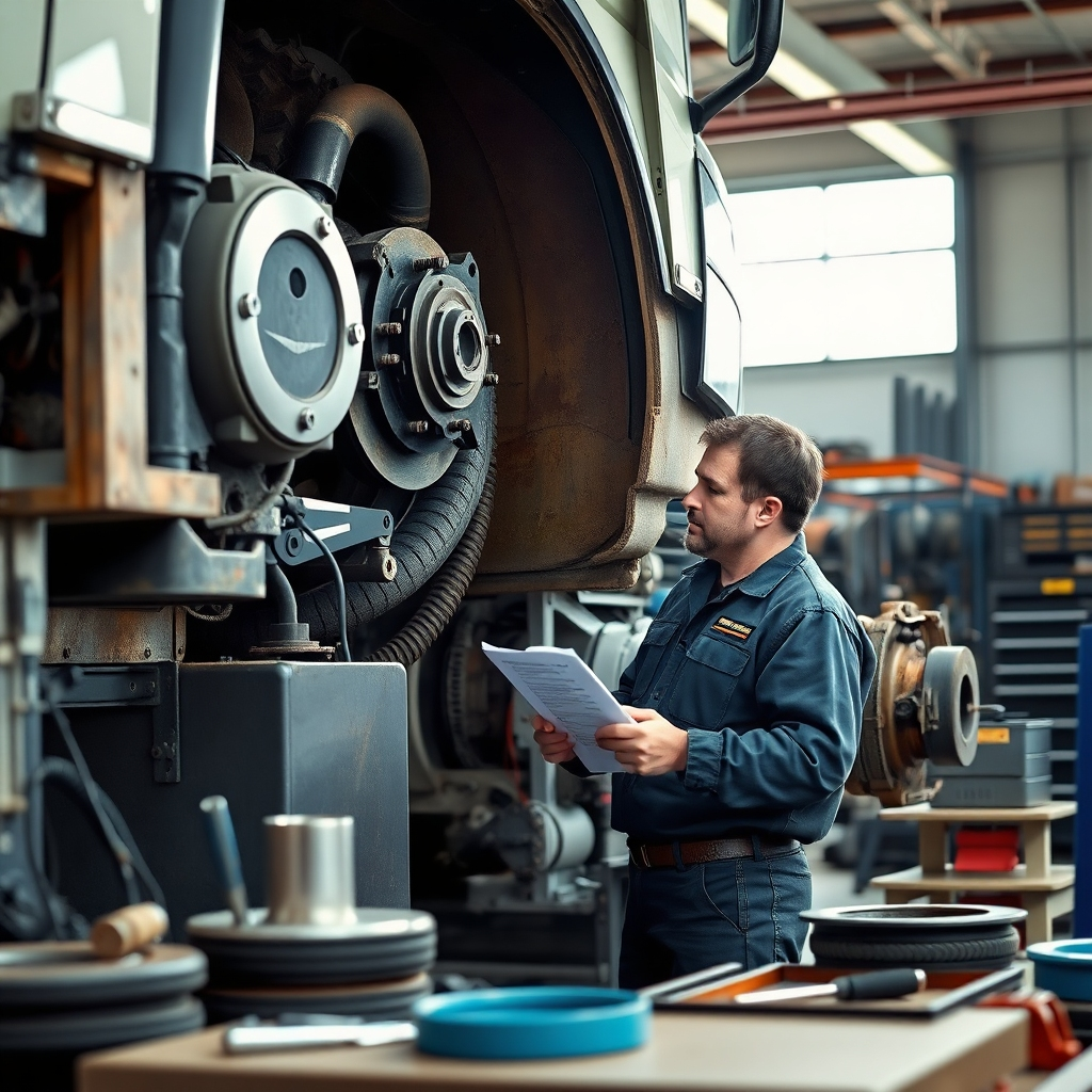 An experienced mechanic performing a detailed maintenance check on a large truck, surrounded by tools and parts. The mechanic is focused, with a checklist in hand, as he examines crucial components like brakes and engine. The workshop is organized and filled with natural light.