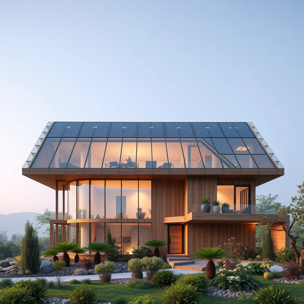 An exterior view of a futuristic home built with sustainable materials like recycled timber and transparent solar panels, surrounded by a garden that uses permaculture principles, with innovative design features like rainwater harvesting systems integrated into the architecture.