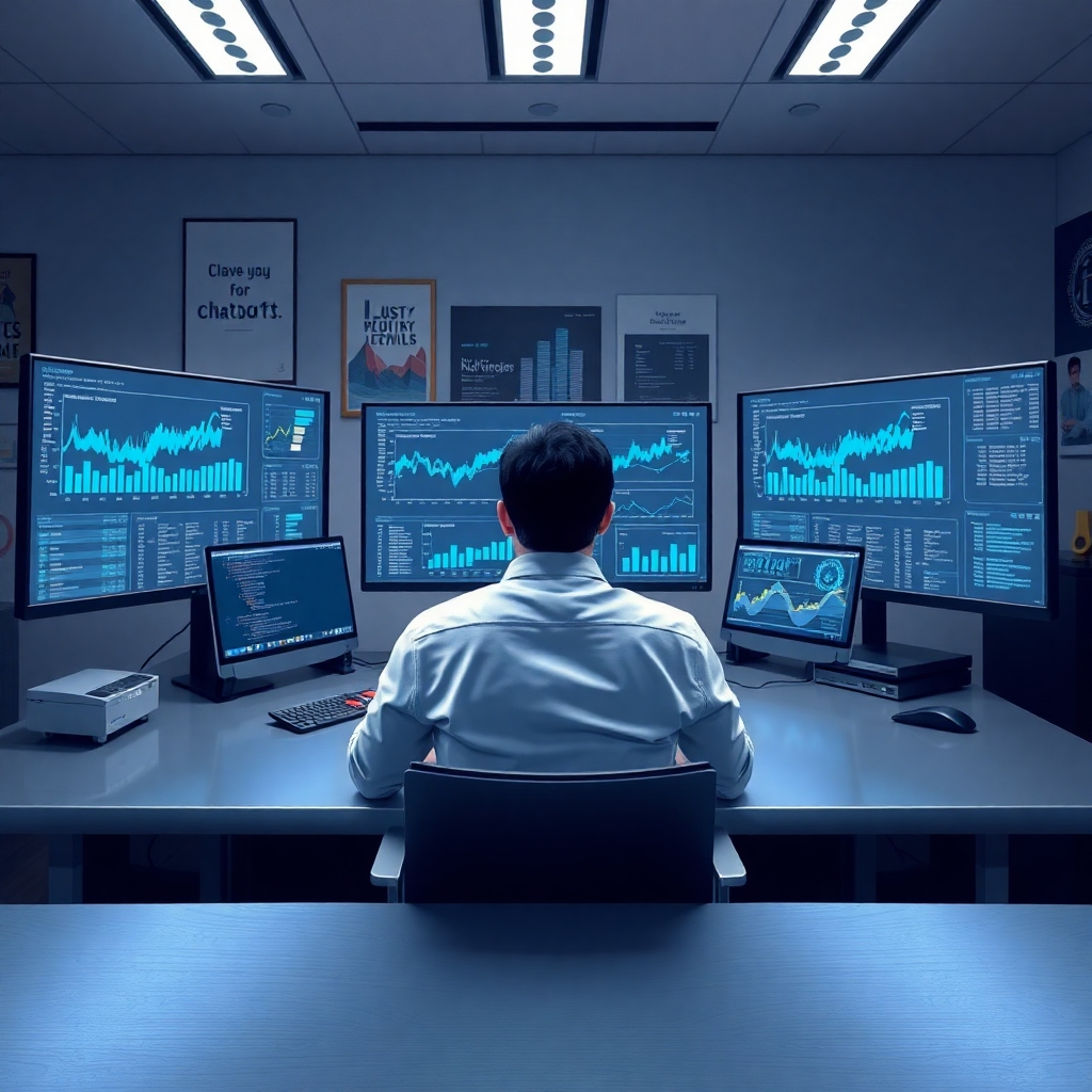An illustrative image showing a data analyst at a sleek desk surrounded by multiple monitors displaying graphs and analytics related to chatbot performance. The image should use soft diffused lighting to create a focused working environment, with a cool color palette of grays and blues to emphasize technology and data analysis. A slightly low camera angle captures the depth of the workspace, highlighting the modern technology and equipment. Textures such as a polished metal finish and high-tech screens should be prominent. Background elements include motivational posters and digital displays of real-time data. Style references draw inspiration from the works of contemporary digital artists like Beeple, aiming for hyperrealistic qualities in 8K resolution and incredible detail.