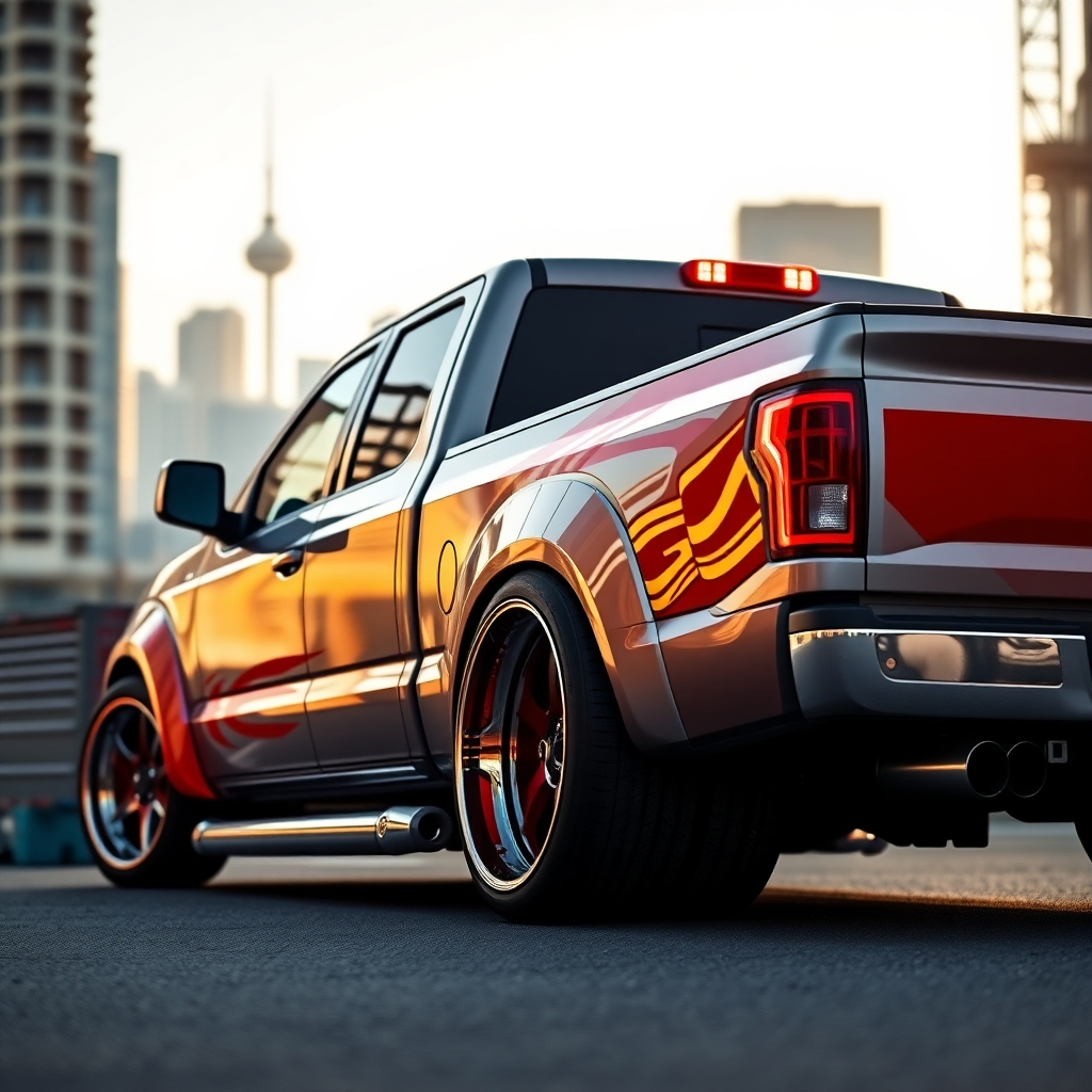 An impressive scene showcasing a customized truck with vibrant decals and modified parts, lit with dramatic side lighting to enhance the truck's contours. The truck is parked in an urban setting, with a blurred background of the Montreal skyline. The mood is bold and energetic, reflected through bright red and yellow color accents against the truck's metallic surface. The perspective is from a slightly elevated angle, allowing for a full view of the modifications. The focus is on shiny custom wheels and unique accessories, with textured details of the decals. Additional elements like a nearby toolbox and partially visible construction area add context. Rendered in ultra-high definition, capturing every detail and shine, in the style of contemporary automotive photography.