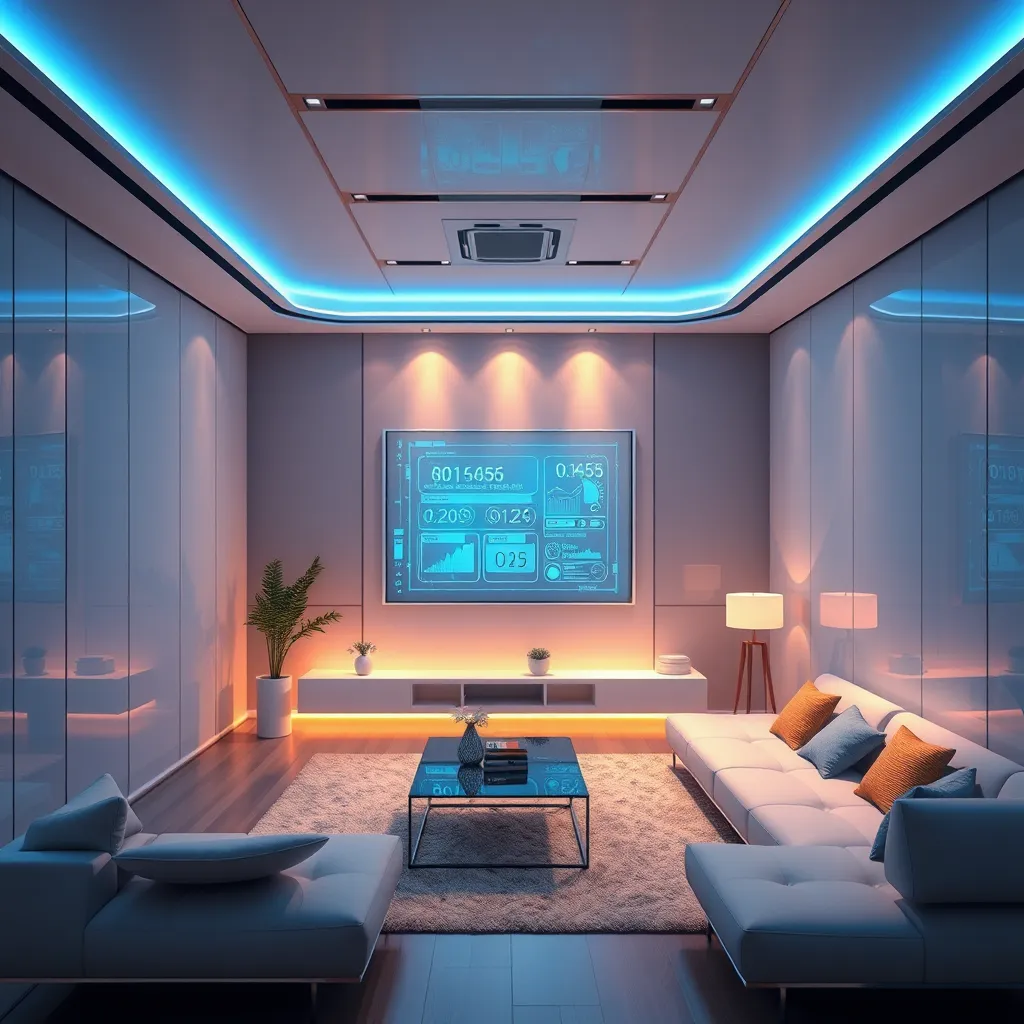 An interior of a futuristic home equipped with smart technology, showcasing an interactive transparent screen displaying information. The design features sleek furniture, soft ambient lighting, and walls that can change color, illustrating a harmonious blend of technology and style.