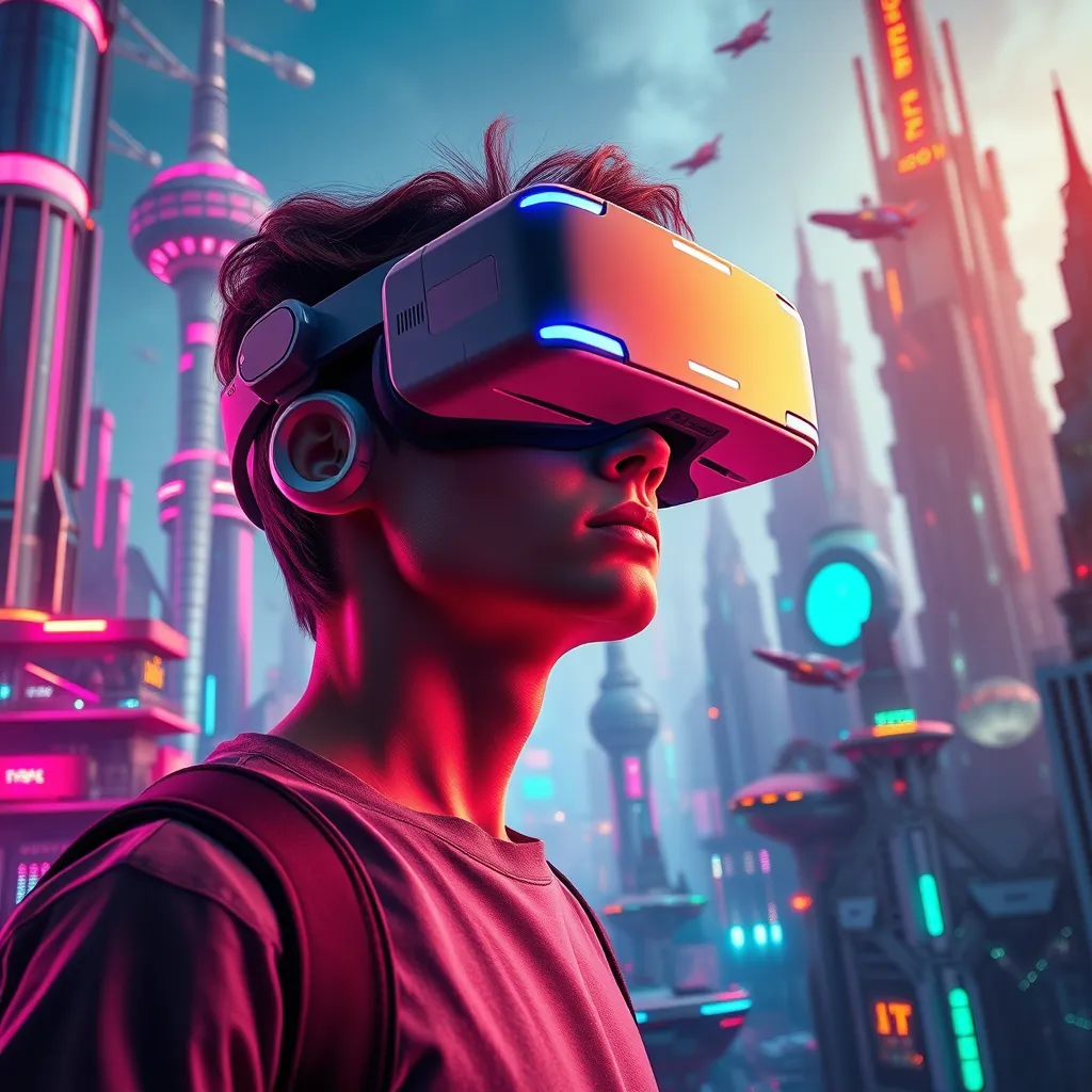 An ultra-high-quality image of a person wearing a VR headset, surrounded by a vividly rendered 3D futuristic cityscape with floating structures and vibrant colors. The scene is illuminated by dramatic side lighting that accentuates the details of the models, showcasing intricate designs and materials. The color palette is vibrant, with neon pinks, deep blues, and electric greens. The camera perspective is slightly low to give an expansive view of the city and person, enhancing the sense of immersion. Textures of the buildings are highly detailed, with glass, metal, and organic forms merging seamlessly. Environmental elements like flying vehicles and dynamic holograms add context, captured in ultra-detailed 8K resolution, evoking the style of concept art by Syd Mead.