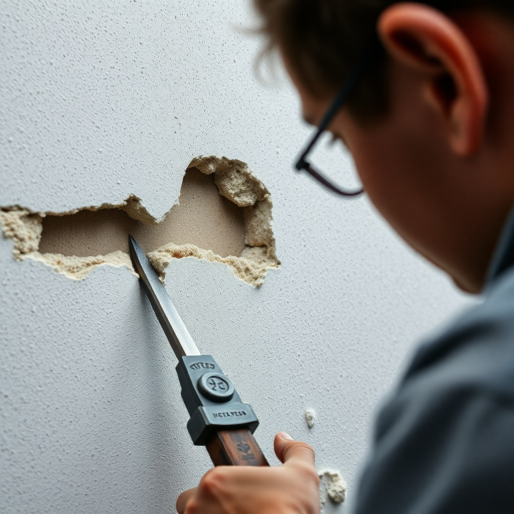 Close-up image of a craftsman repairing a crack in a wall. The scene emphasizes the meticulous work and the tools being used. Lighting is focused on the damaged area. Color palette should be neutral, with the focus on the textures of the wall and the repair materials. Camera angle: close-up, showing the craftsman's hands and the tools. Technical specs: 4K resolution, highlighting the detail of the repair process. Style: Photorealistic, conveying precision and attention to detail.