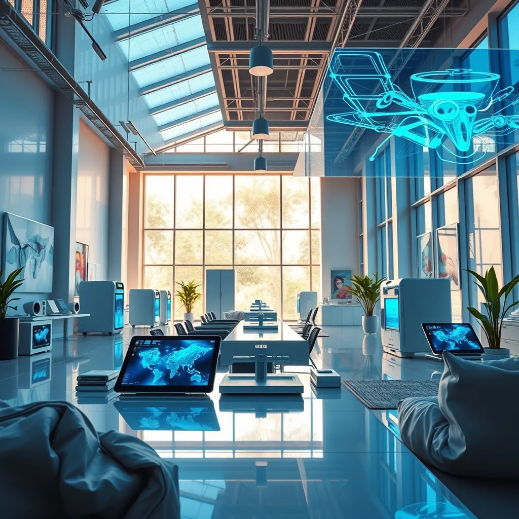 Create a photorealistic, ultra-high-quality header image that encapsulates the essence of futuristic design. The composition should feature an open workspace filled with cutting-edge design tools, including tablets, 3D printers, and holographic displays showcasing vibrant, interactive designs. Emphasize natural lighting streaming through large windows, creating a warm and inviting atmosphere. The color palette should integrate cool blues and sleek metallics, conveying a sense of innovation and progress. Use a low-angle camera perspective to capture the grandeur of the workspace, highlighting the depth and intricacy of the technology. Incorporate textures like polished surfaces and soft fabrics to add contrast. In the background, include abstract art pieces and greenery, such as potted plants, for a lively touch. Style references should lean towards modern minimalism with an edge of avant-garde. Ensure the final image is of 8K resolution, hyperrealistic quality, to capture every detail perfectly., ultra high resolution, photorealistic, 8K, hyperdetailed, cinematic lighting