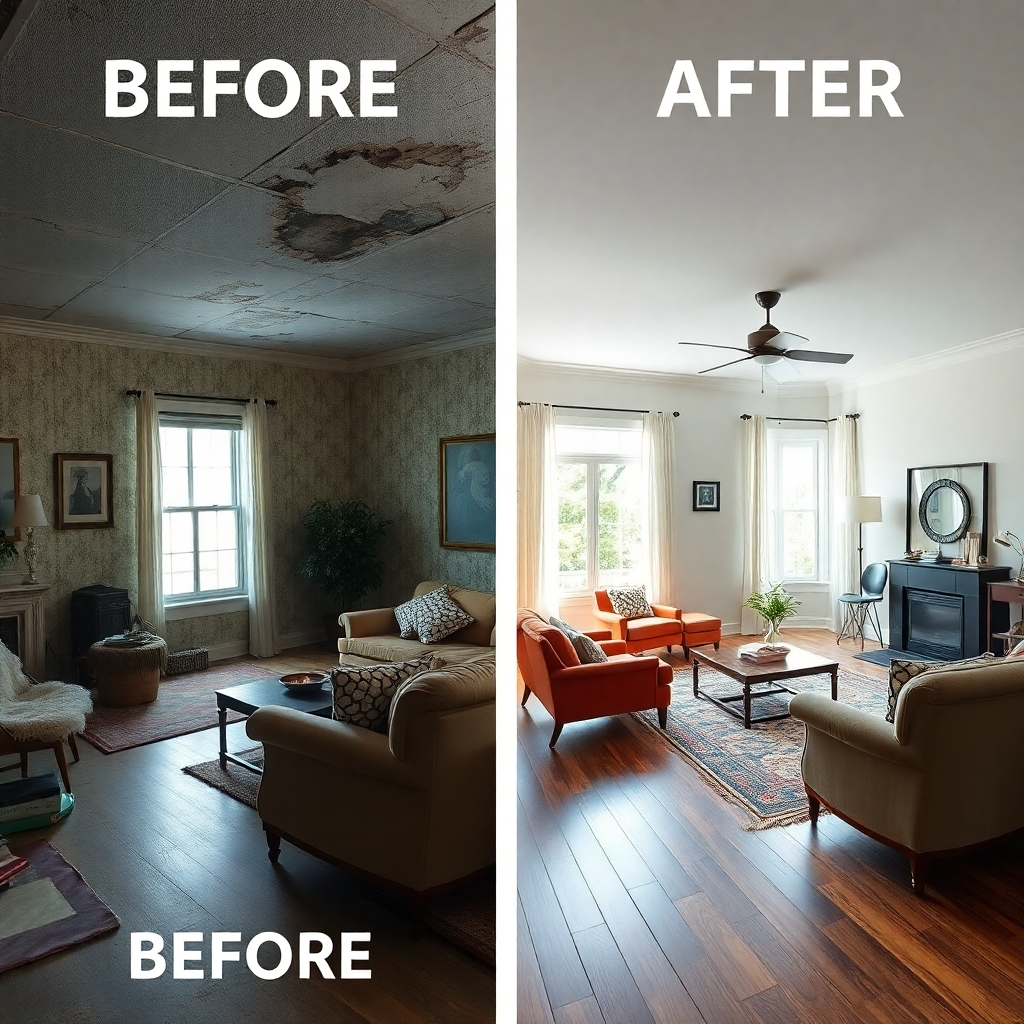 Depict a 'before and after' image of a living room renovation. One side shows the room in a dilapidated state (old wallpaper peeling, cracked paint, outdated furniture), while the other side shows the same room fully renovated (fresh paint, new flooring, modern furniture, stylish decor). Lighting should be dramatically different – dim and gloomy in the 'before' image, bright and welcoming in the 'after' image. Color palette contrast – dull and muted vs. vibrant and inviting. Camera angle: identical for both sides to highlight the transformation. Technical specs: 4K resolution, emphasizing the details of the renovation. Style: Classic 'before and after', emphasizing the dramatic impact of the renovation.