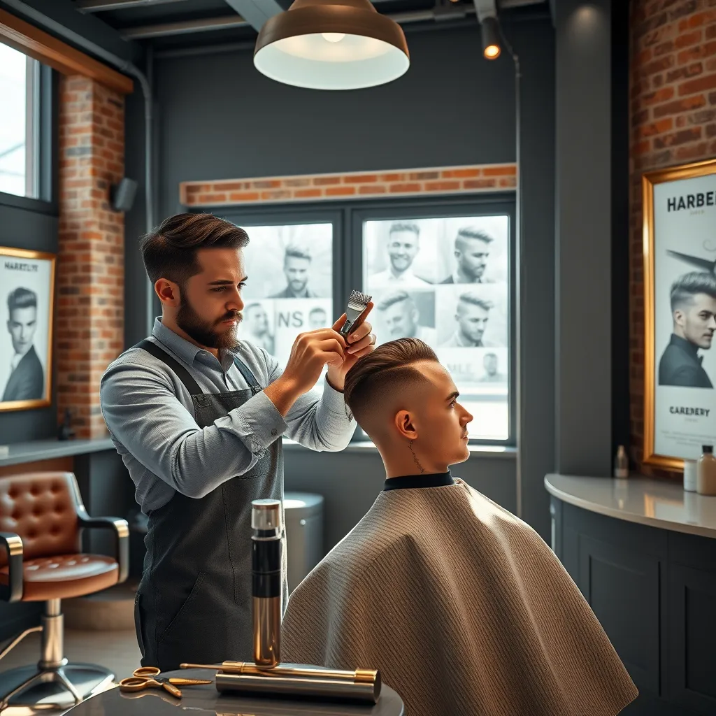 Generate a photorealistic, 8K resolution image of a modern barbershop interior. The scene should feature a stylish barber with a well-groomed beard and hair, expertly cutting the hair of a young man with a trendy hairstyle. The lighting should be natural and bright, streaming in from a large window, highlighting the barber's skillful hands and the sharp lines of the haircut. The color palette should be sleek and contemporary, with warm wood tones, cool grey accents, and hints of brass.  The barber's tools should be arranged neatly on a countertop, with sleek, minimalist designs. The composition should be dynamic, with the barber and client positioned slightly off-center, creating a sense of movement. The camera angle should be slightly elevated, showcasing the barbershop's modern and luxurious design. Include subtle details like a vintage leather chair, exposed brick walls, and a framed poster showcasing modern men's hairstyles.  Reference the work of photographers like  David LaChapelle and Annie Leibovitz for inspiration in capturing the image's style and mood.  , ultra high resolution, photorealistic, 8K, hyperdetailed, cinematic lighting