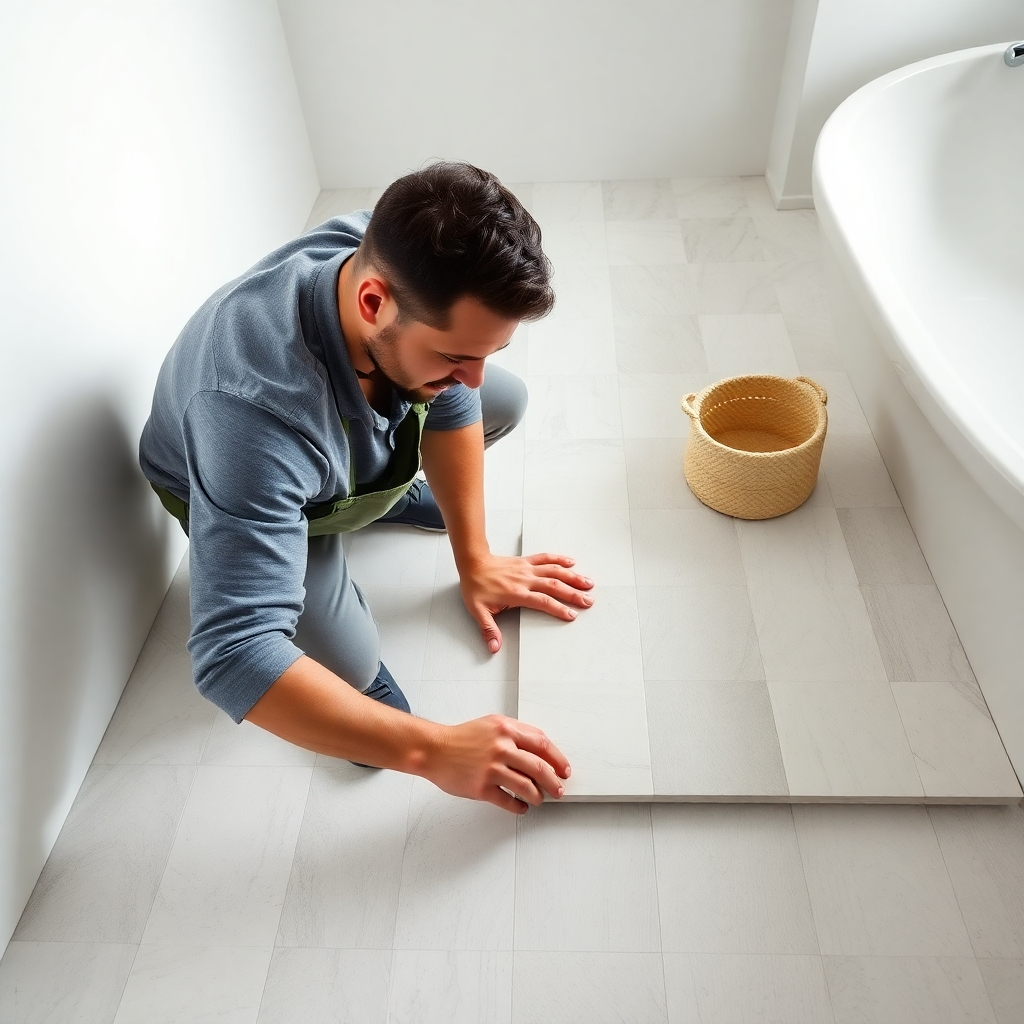 Image showing a craftsman laying down new ceramic tiles on a bathroom floor. The scene should emphasize precision and the clean, modern look of the tiles. Lighting is bright and focused on the work area. Color palette includes white, gray, and subtle earth tones. Camera angle is slightly above, looking down at the worker and the tile being laid. Technical specs: 4K resolution, highlighting detail in the tile work and the craftsman's focus. Style: Photorealistic, conveying expertise and quality workmanship.