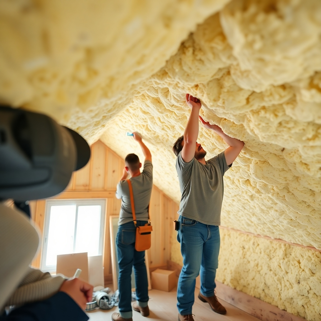 Workers installing eco-friendly insulation in the attic of a house. The focus is on the sustainable materials and the environmental benefits of the renovation. Color palette: Earthy tones, with a focus on natural materials. Camera angle: Close-up, emphasizing the texture of the insulation and the workers' expertise. Style: Documentary, highlighting the environmental benefits of the renovation. Technical specs: 4K resolution, high quality.
