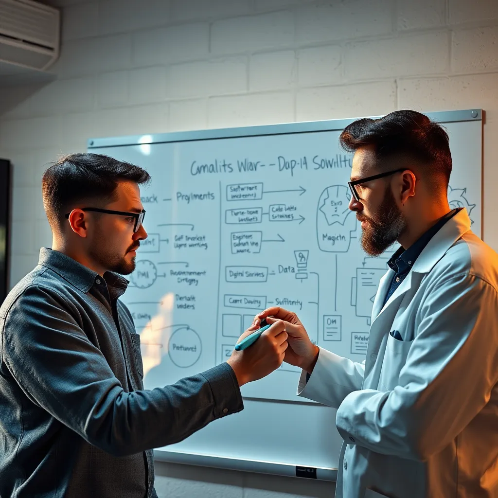 A brainstorming session with a digital marketer, a software developer, and a data scientist, working on a whiteboard with digital marketing strategies and IT-powered solutions, emphasizing collaboration and creativity.