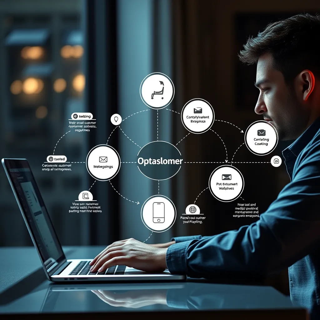 A digital marketer on a laptop with a flowing, interconnected diagram of customer touchpoints, depicting a seamless journey from website browsing to purchase and ongoing engagement.