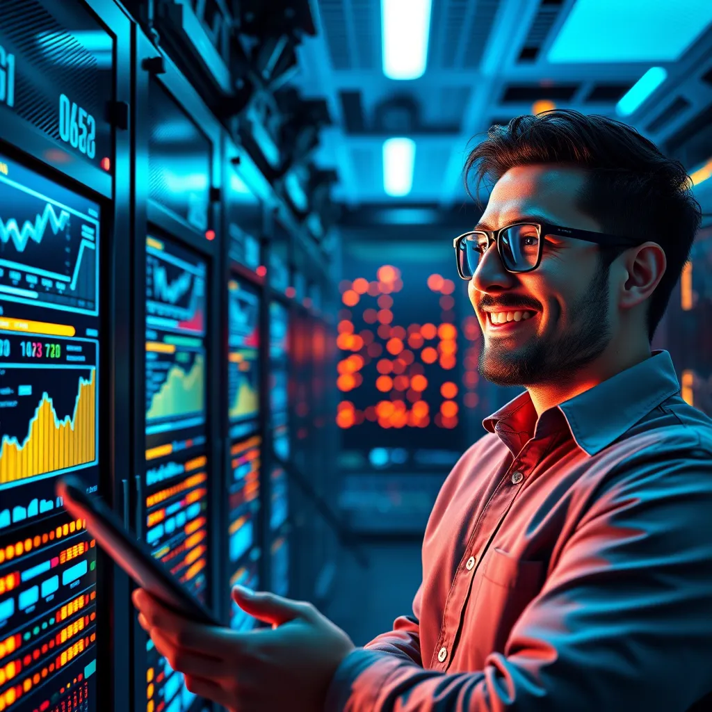 A futuristic-looking data center with glowing servers and screens displaying charts and graphs, showcasing a digital marketer analyzing data with a magnifying glass and a confident smile.