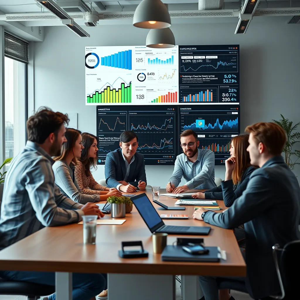 A modern office setting with a team of marketers and IT professionals collaborating around a table. A large screen displays graphs and data visualizations representing customer behavior, website traffic, and campaign performance. The overall mood should be energetic and collaborative, highlighting the synergy between marketing and IT.