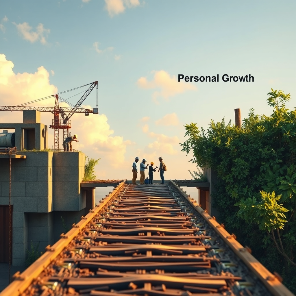 A photorealistic image of a bridge being constructed, with one side representing 'Engineering Skills' (depicted as solid, well-defined structures) and the other side representing 'Personal Growth' (represented by lush greenery and human figures collaborating). The completed bridge symbolizes holistic development, connecting the two sides. Lighting: Warm, natural light to convey growth and stability. Camera Angle: Medium shot to capture the entire bridge and its symbolism.