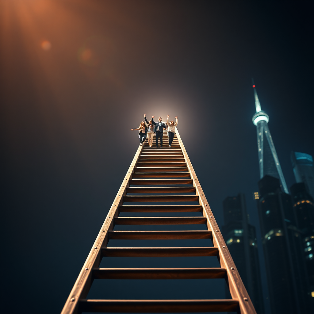 A photorealistic image of a career ladder leading towards a brightly lit skyline. Each rung of the ladder represents a specific skill or qualification learned in the courses. The top of the ladder depicts a diverse group of professionals celebrating their accomplishments. Lighting: Dramatic lighting to convey ambition and achievement. Camera angle: Low angle to emphasize the height and aspirational nature of the career ladder.