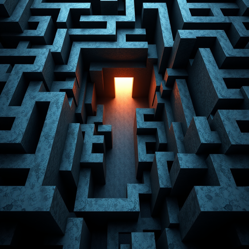 A photorealistic image of a complex maze, with a single path leading to a brightly lit exit. The maze represents the challenges faced by technical professionals, and the path symbolizes effective problem-solving strategies. The image should evoke a sense of determination and resourcefulness. Camera angle: Overhead view to showcase the intricate details of the maze.