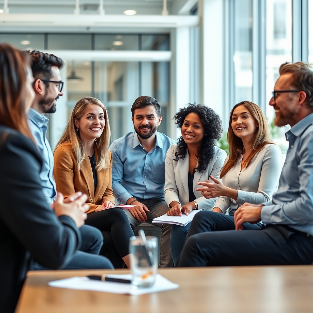 A photorealistic image of a diverse group of professionals engaged in a lively discussion. Each participant is actively listening and contributing to the conversation, symbolizing effective communication. Setting: A modern, open-plan office space with natural light. Camera angle: Medium shot to capture the entire group and their interactions.