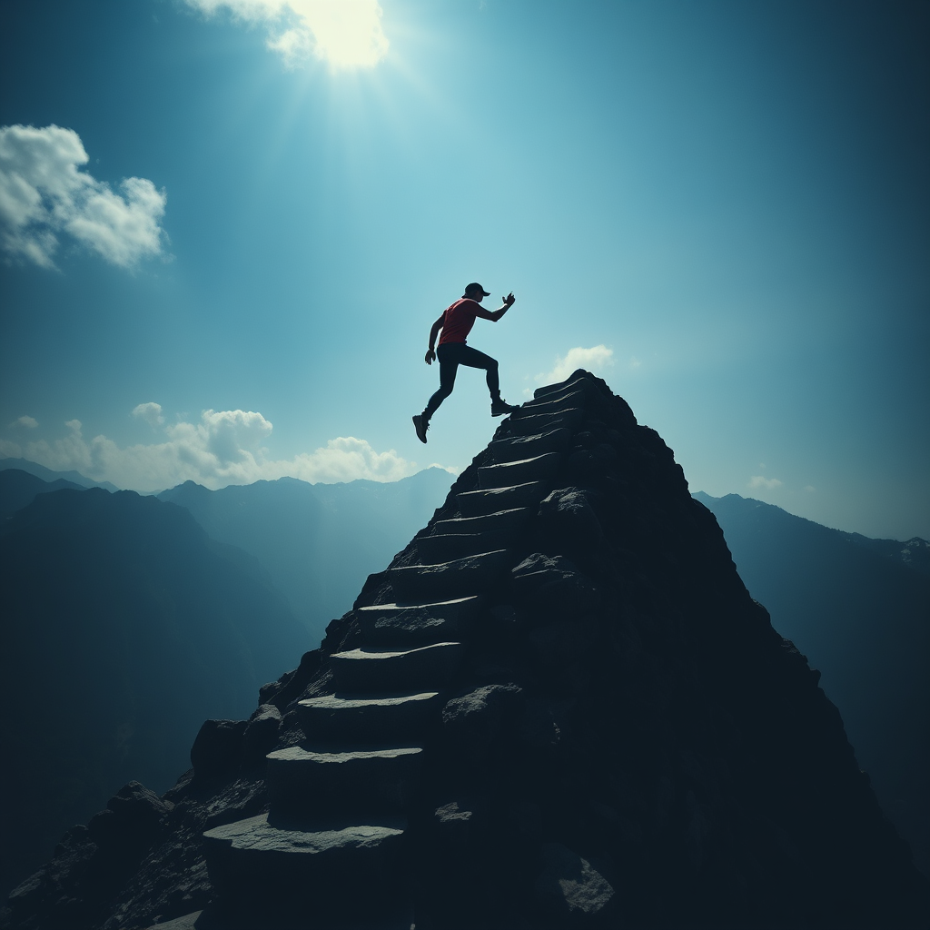 A photorealistic image of a person climbing a mountain, with each step representing a different skill or achievement. The summit represents personal growth and success. Lighting: Dramatic lighting to convey ambition and determination. Camera angle: Low angle to emphasize the height and challenge of the climb.