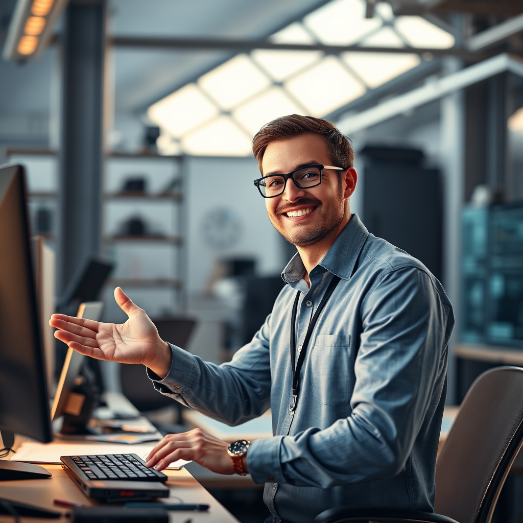 A photorealistic image of a technical professional successfully implementing a new technology or solution. The professional is shown with a sense of accomplishment and pride. Setting: A modern, high-tech workplace. Lighting: Warm, natural light to convey success and satisfaction. Camera angle: Medium shot to capture the entire scene and the professional's achievement.