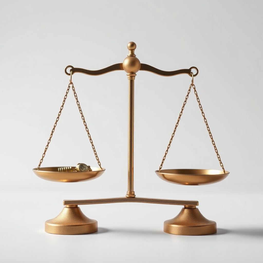 A stylized image of a balanced scale, with one side representing technological advancement and the other representing ethical considerations. The scales are perfectly balanced, symbolizing responsible decision-making. Color palette: Soft, neutral colors to convey objectivity and fairness. Camera angle: Close-up to emphasize the delicate balance between technology and ethics.