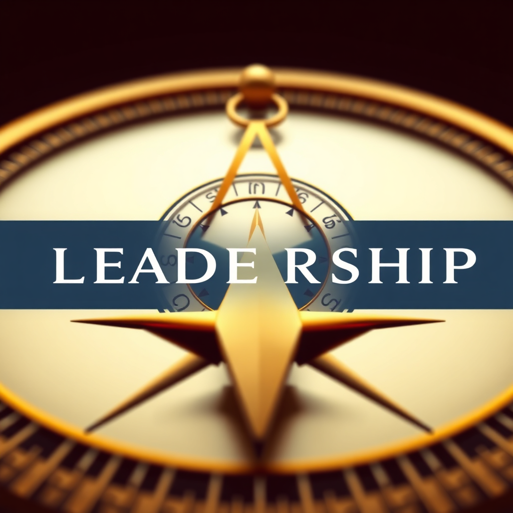 A stylized image of a compass pointing towards a clear path, with the path representing leadership. The compass symbolizes guidance and direction. Color palette: Golds and blues to represent wisdom and stability. Camera angle: Eye-level to emphasize the clarity and purpose of the path.