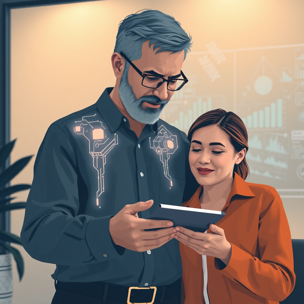 A stylized image of a mentor guiding a younger professional. The mentor is depicted as a seasoned engineer with glowing circuitry patterns subtly embedded in their aura, symbolizing expertise. The younger professional is shown eagerly absorbing knowledge. Color palette: muted blues and oranges to convey wisdom and learning. Setting: A modern, minimalist office space with holographic engineering diagrams in the background. Camera angle: Close-up to emphasize the connection between the mentor and mentee.