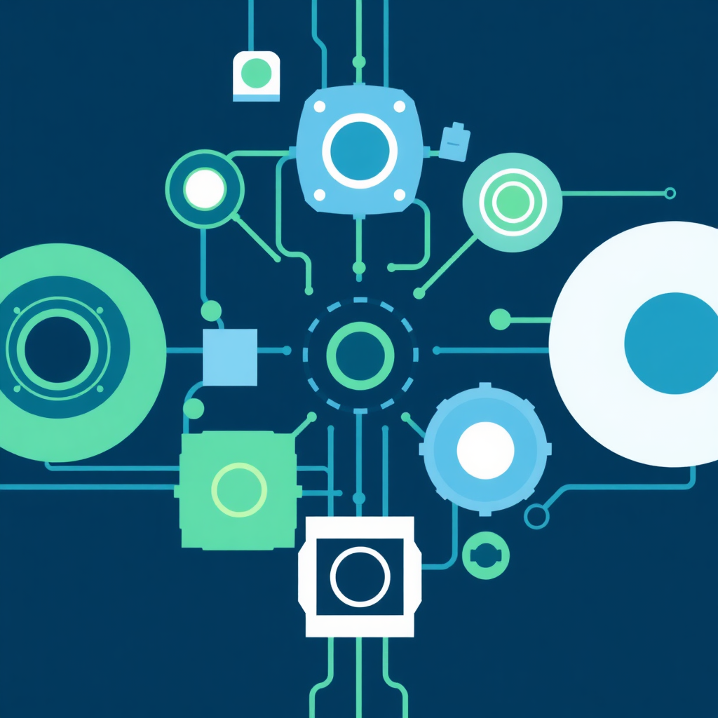 A stylized image representing a complex system, with interconnected components working seamlessly together. The image should convey a sense of order, efficiency, and innovation. Color palette: Blues and greens to represent technology and growth. Camera angle: Overhead view to showcase the entirety of the system.