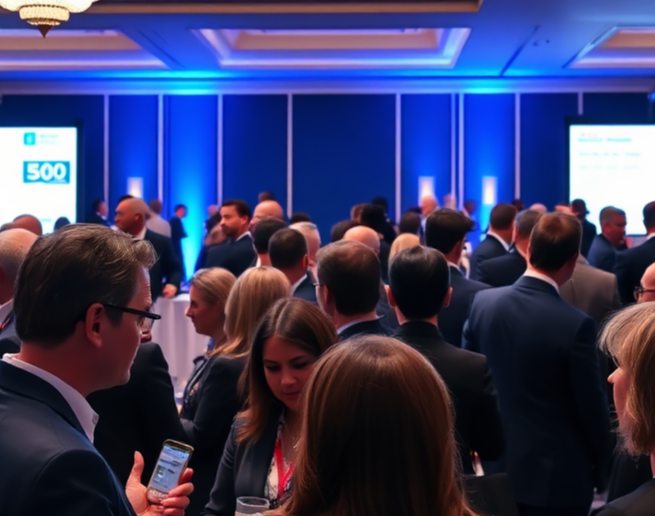 Conceive a formal event scene featuring course providers networking with industry experts. The atmosphere is elegant, with a sophisticated color scheme of deep blues and silvers enhancing the ambiance. Attendees are actively engaging in conversation, and presentations are projected on overhead screens, emphasizing networking and ideas sharing. Close-up scenes reveal moments of discussion, capturing the essence of collaboration within a prestigious network.